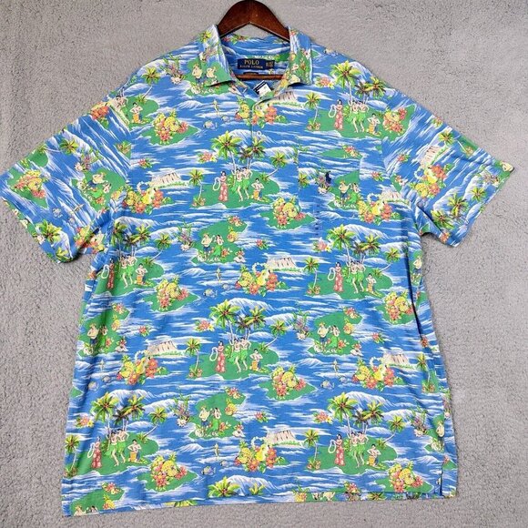 Polo Ralph Lauren Polo Shirt Mens XXL Blue Hawaiian Print Pony Logo Tropical NWT - Picture 2 of 15